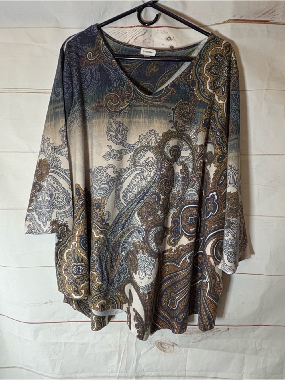 Avenue Paisley V-Neck Tunic in Brown, Blue & Cream